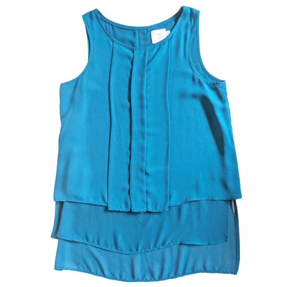 HD in Paris Womens Tank Back Slit Pleated Tiered Blouse Teal Turquoise Size 6
